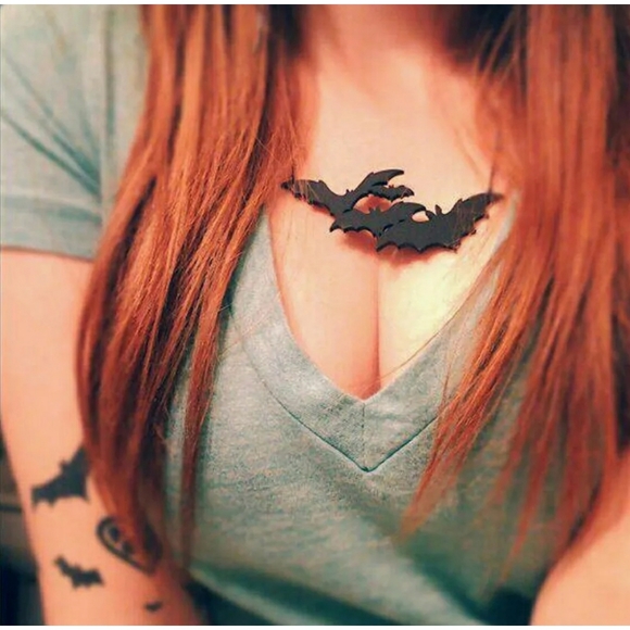 Bat Necklace Black Acrylic and Chain Goth - Picture 3 of 5